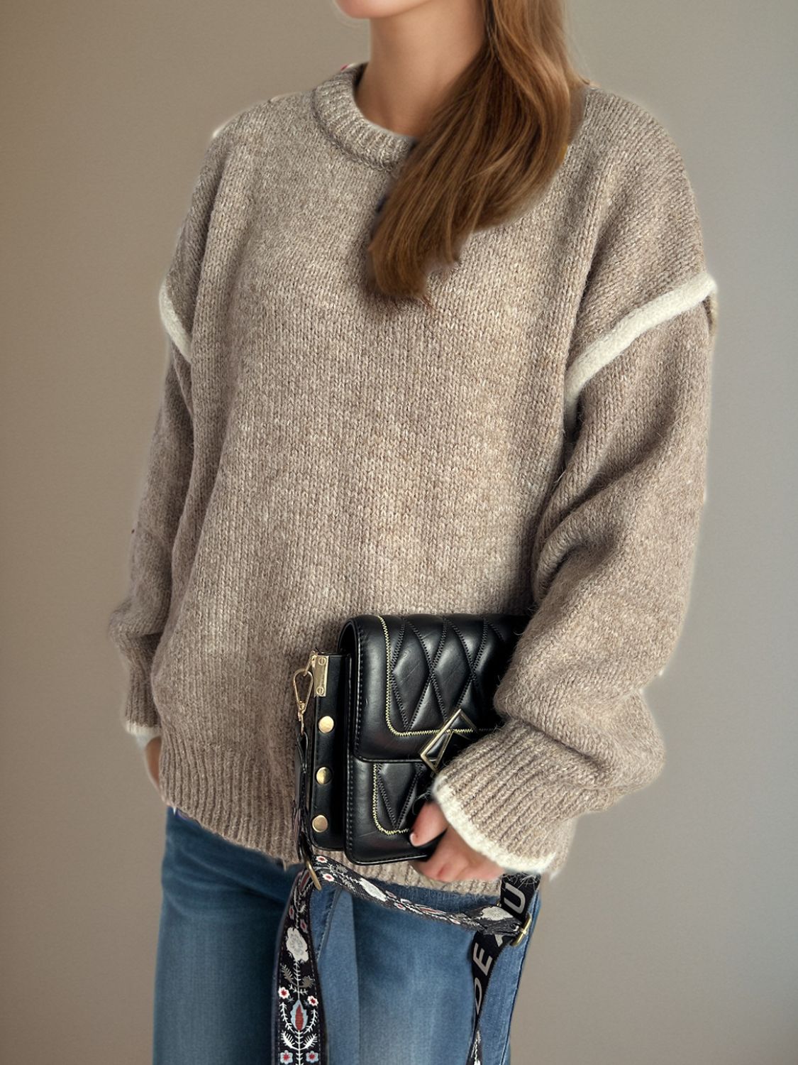 Contrast Trim Round Neck Dropped Shoulder Sweater Trandify Deal