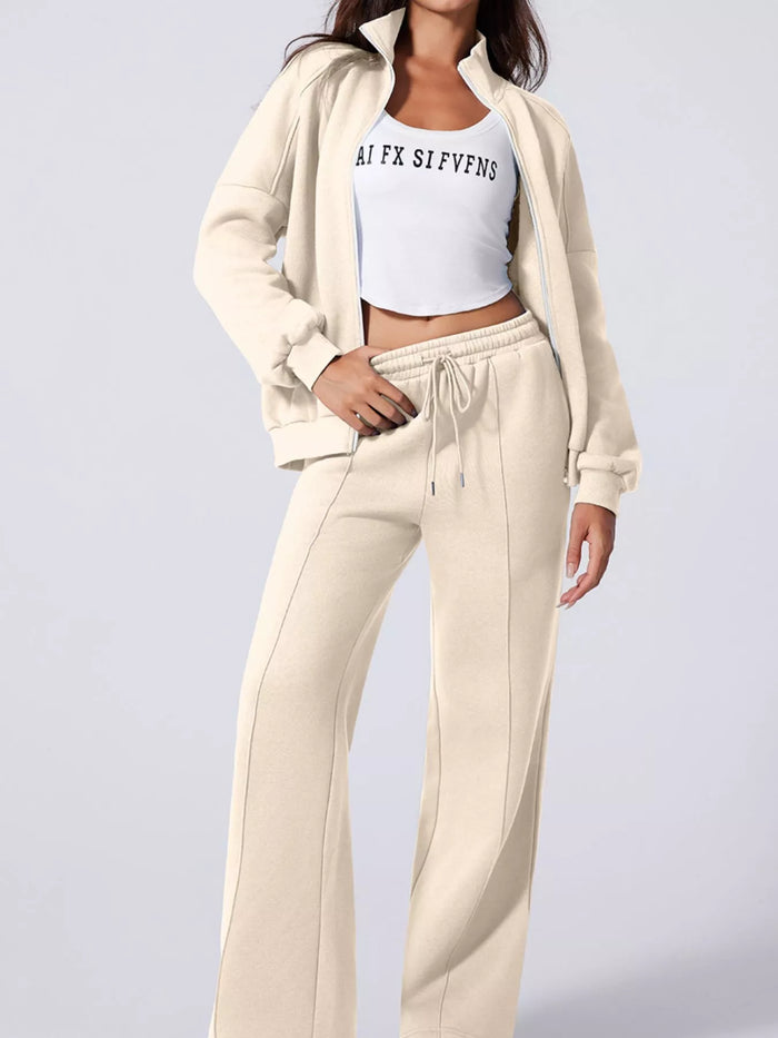Women's Zip Up Jogger Set in Beige on model showing pockets