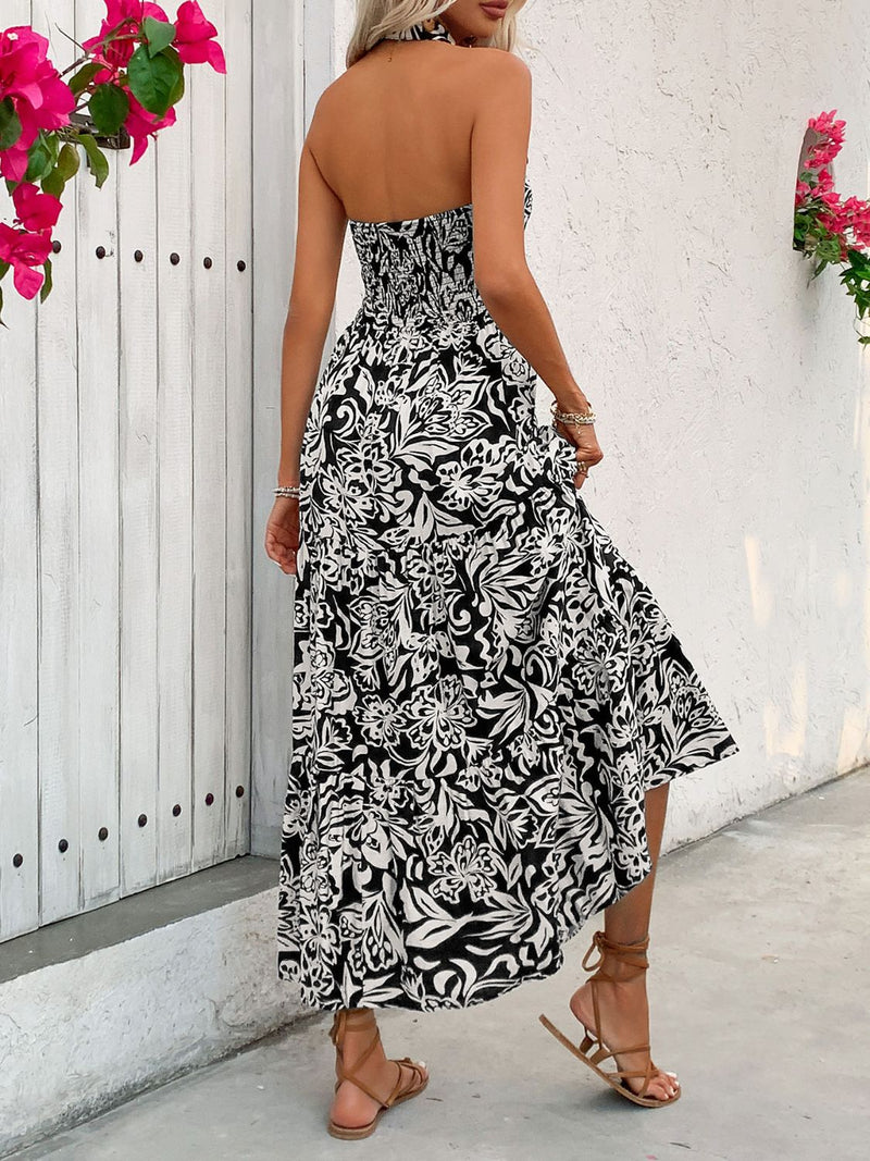 Perfee Backless Smocked Printed Sleeveless Midi Dress Trandify deal