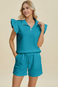 Double Take Texture Flounce Sleeve Top and Shorts Set - Trandify Deal