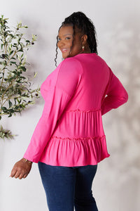 Double Take Half Button Long Sleeve Ruffle Hem Blouse Trandify Deal