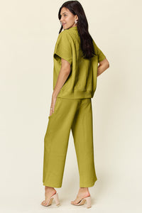 Double Take Full Size Texture Half Zip Short Sleeve Top and Pants Set Trandify Deal