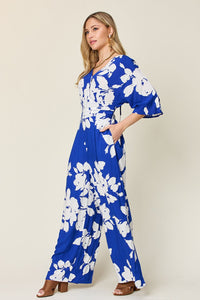 Double Take Full Size Printed Tie Back Wide Leg Jumpsuit Trandify deal