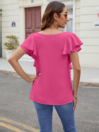 Ruffled V-Neck Short Sleeve Top Trandify deal