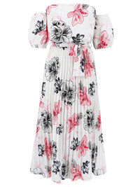 Pleated Floral Off-Shoulder Short Sleeve Midi Dress Trandify deal