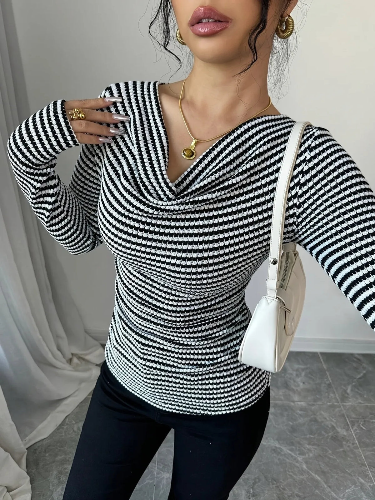 Fashionable Striped T-Shirt with Cowl Neck – Best Casual Women’s Top for Layering