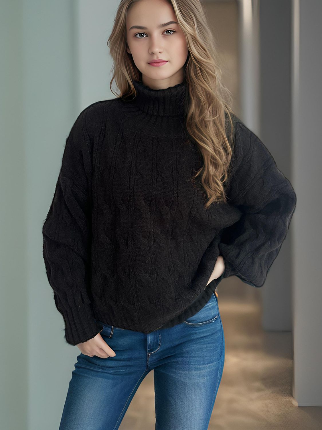 Cable-Knit Turtleneck Long Sleeve Sweater Trandify Deal