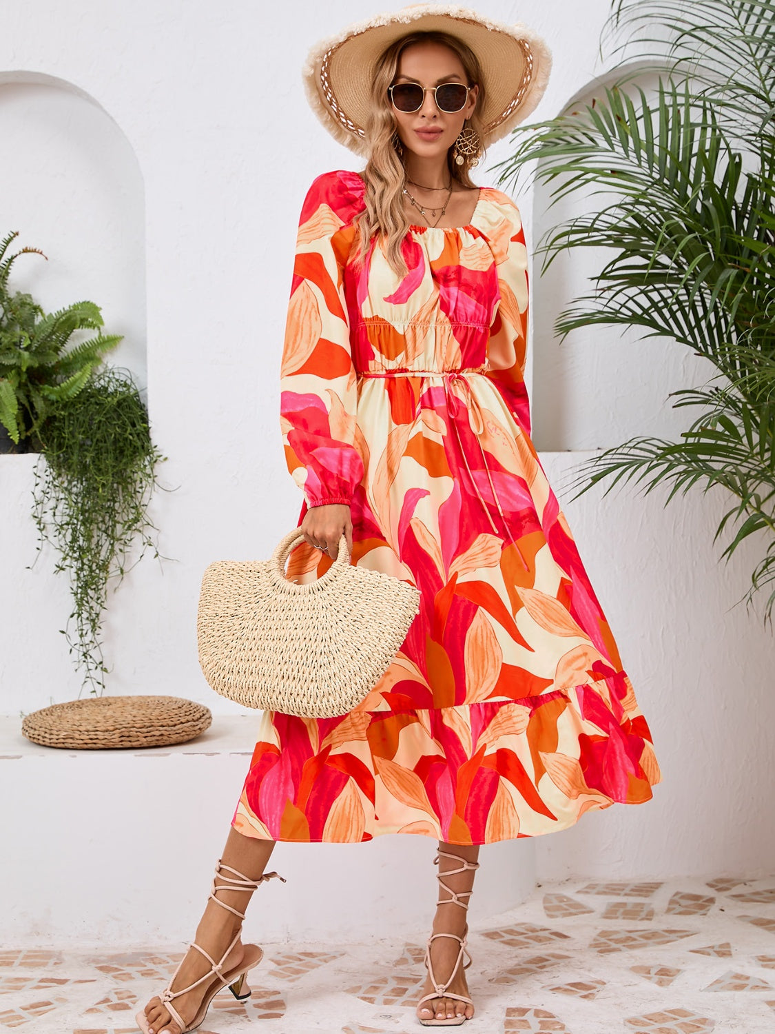 Printed Long Sleeve Midi Dress Trandify Deal