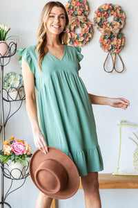 Heimish Full Size Short Sleeve V Neck Ruffled Hem Dress Trandify deal