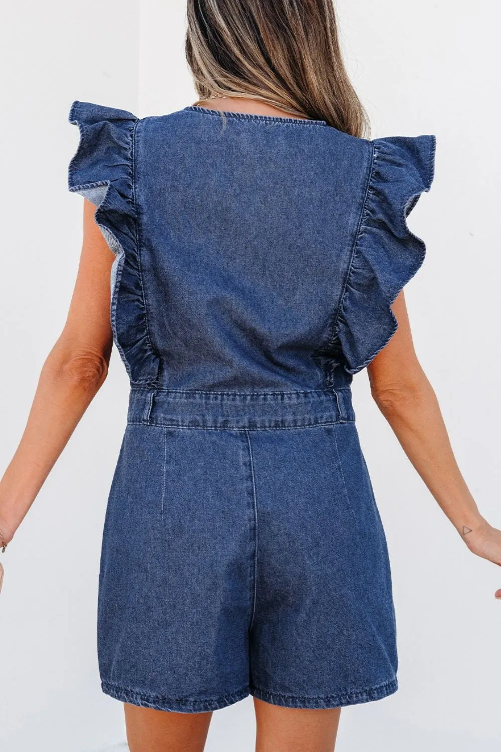 Women’s Blue Denim Romper with Ruffles & Zip Front – TrandifyDeal
