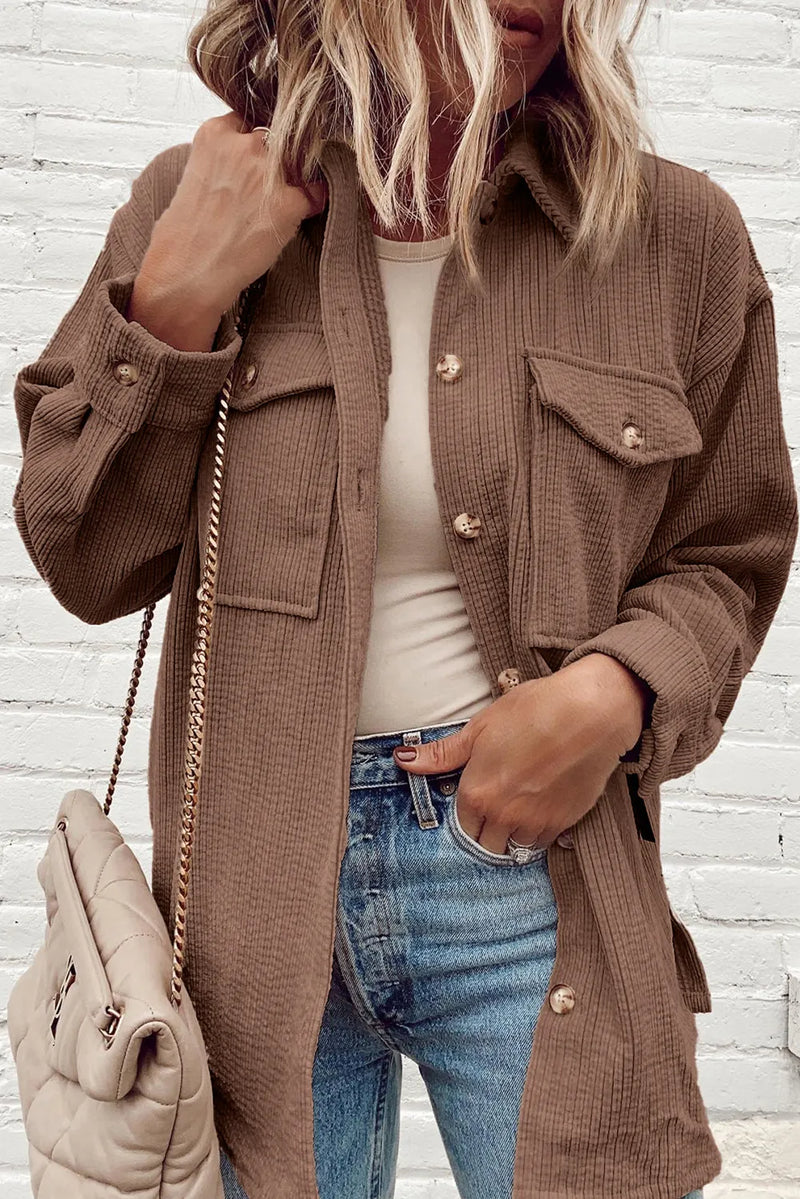 Pocketed Button-Up Dropped Shoulder Shacket for Women - Trendy Oversized Layering Jacket - TrandifyDeal