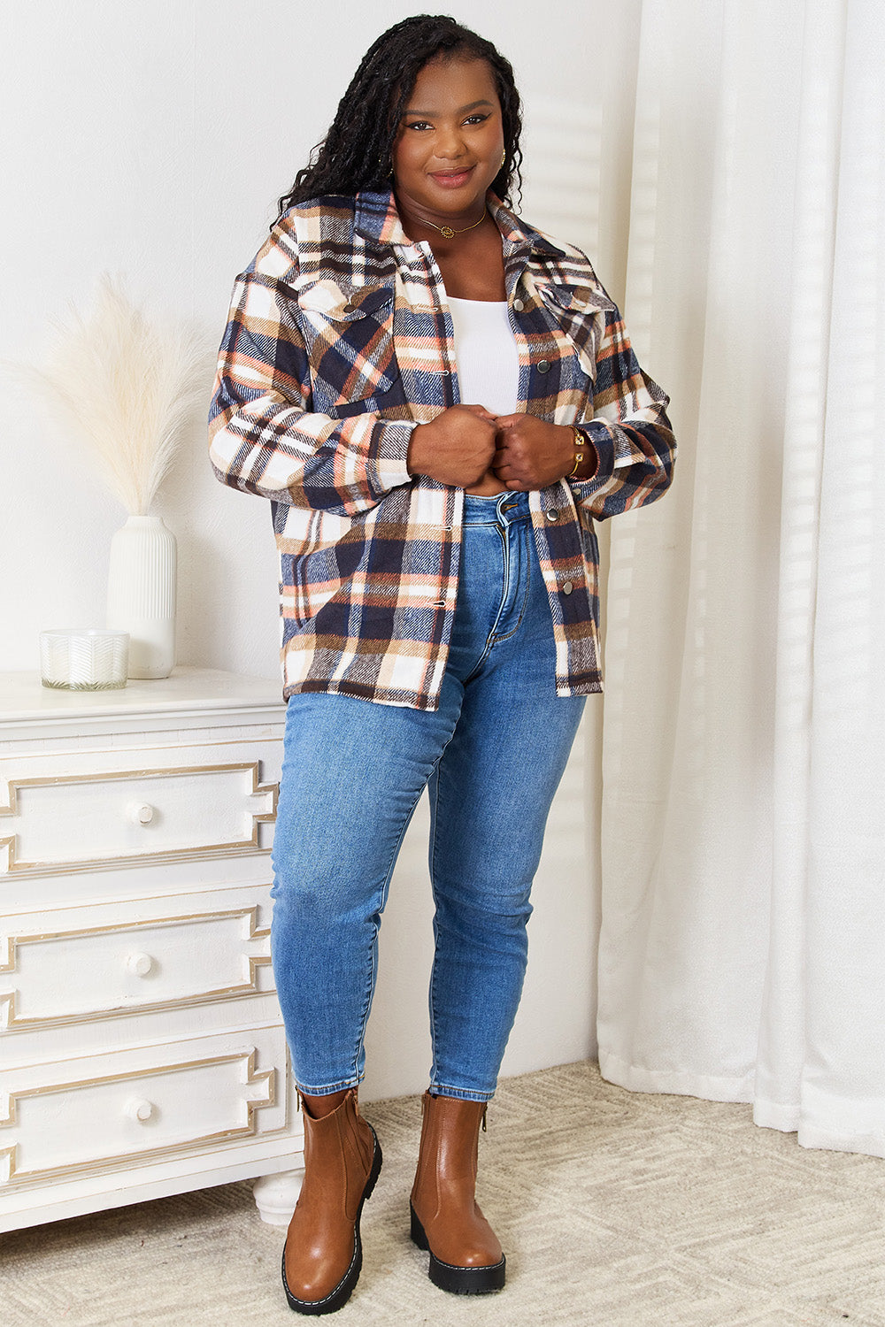 Double Take Plaid Button Front Shirt Jacket with Breast Pockets Trandify Deal