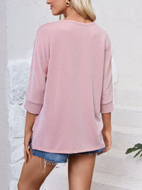 Lovelet Textured Round Neck Three-Quarter Sleeve Blouse Trandify deal