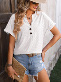 Mandy Eyelet Notched Short Sleeve T-Shirt Trandify deal