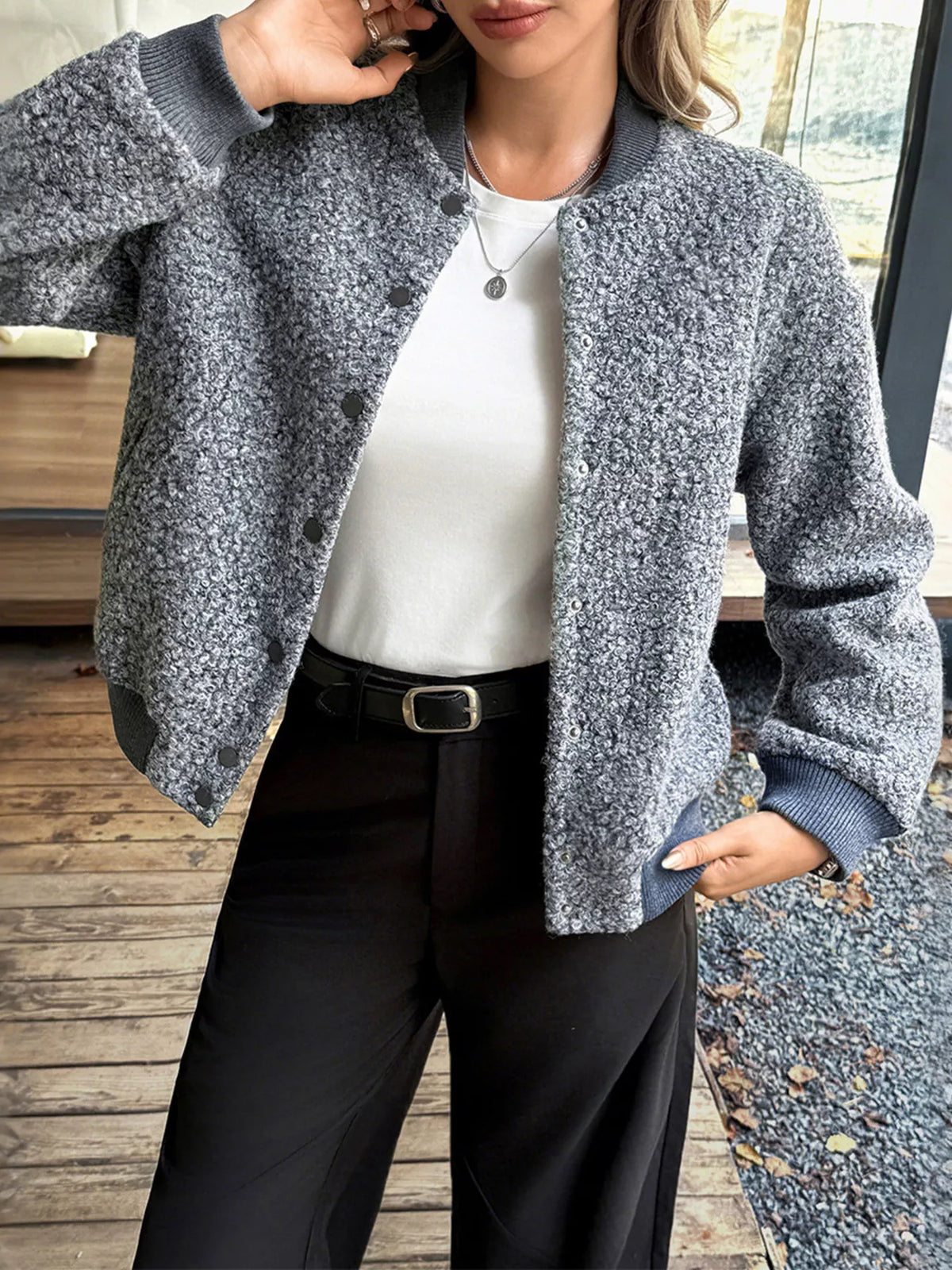Women's Thick Buttoned Dropped Shoulder Jacket in oversized fit,