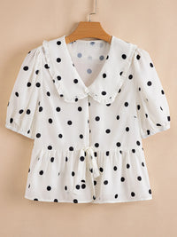 Polka dot collared puff sleeve peplum top for women – trendy vintage blouse – TrandifyDeal