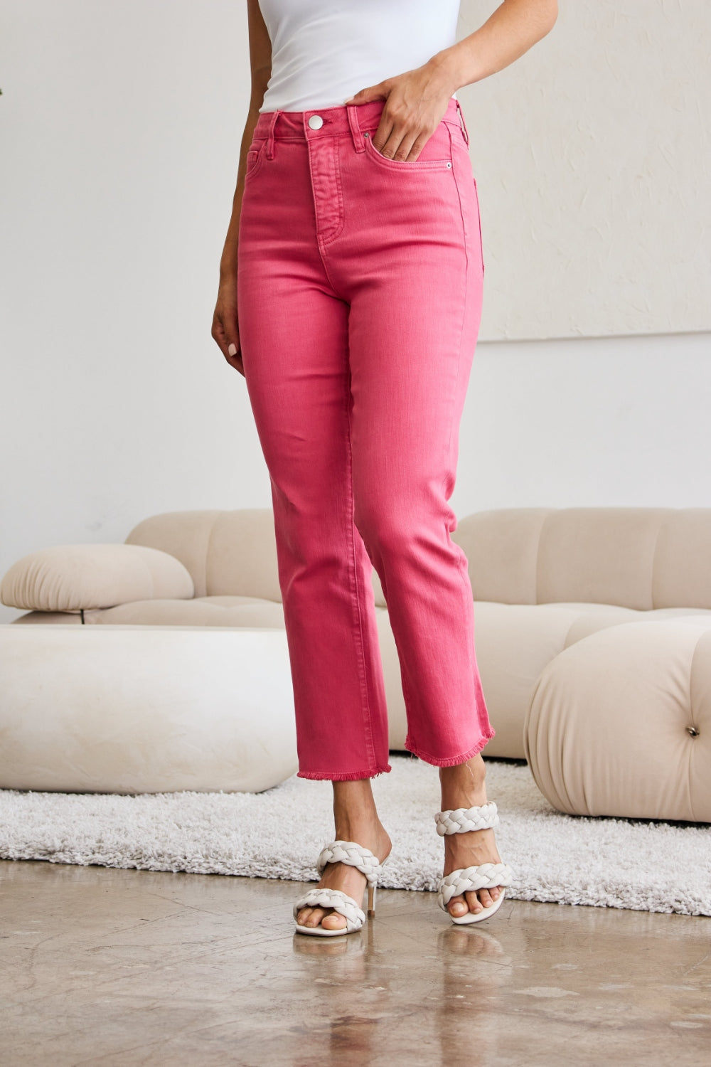 RFM Full Size Tummy Control High Waist Raw Hem Jeans Trandify deal