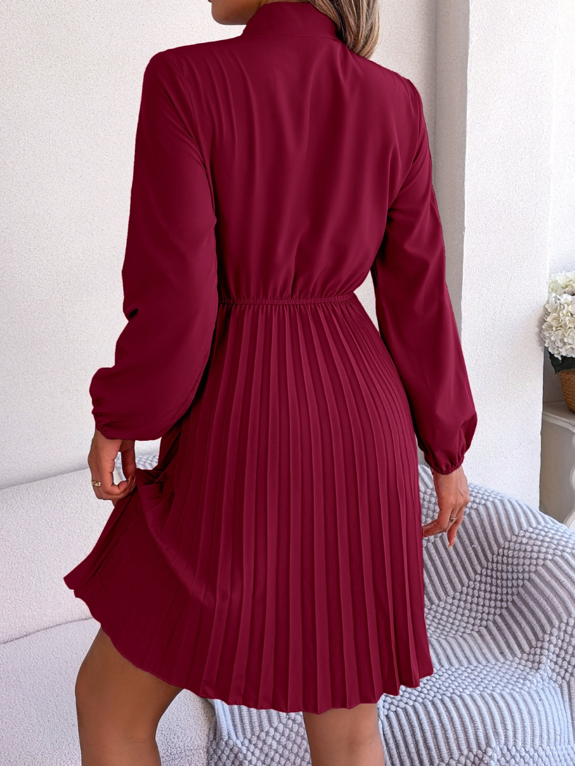 Tie Neck Balloon Sleeve Pleated Dress Trandify deal