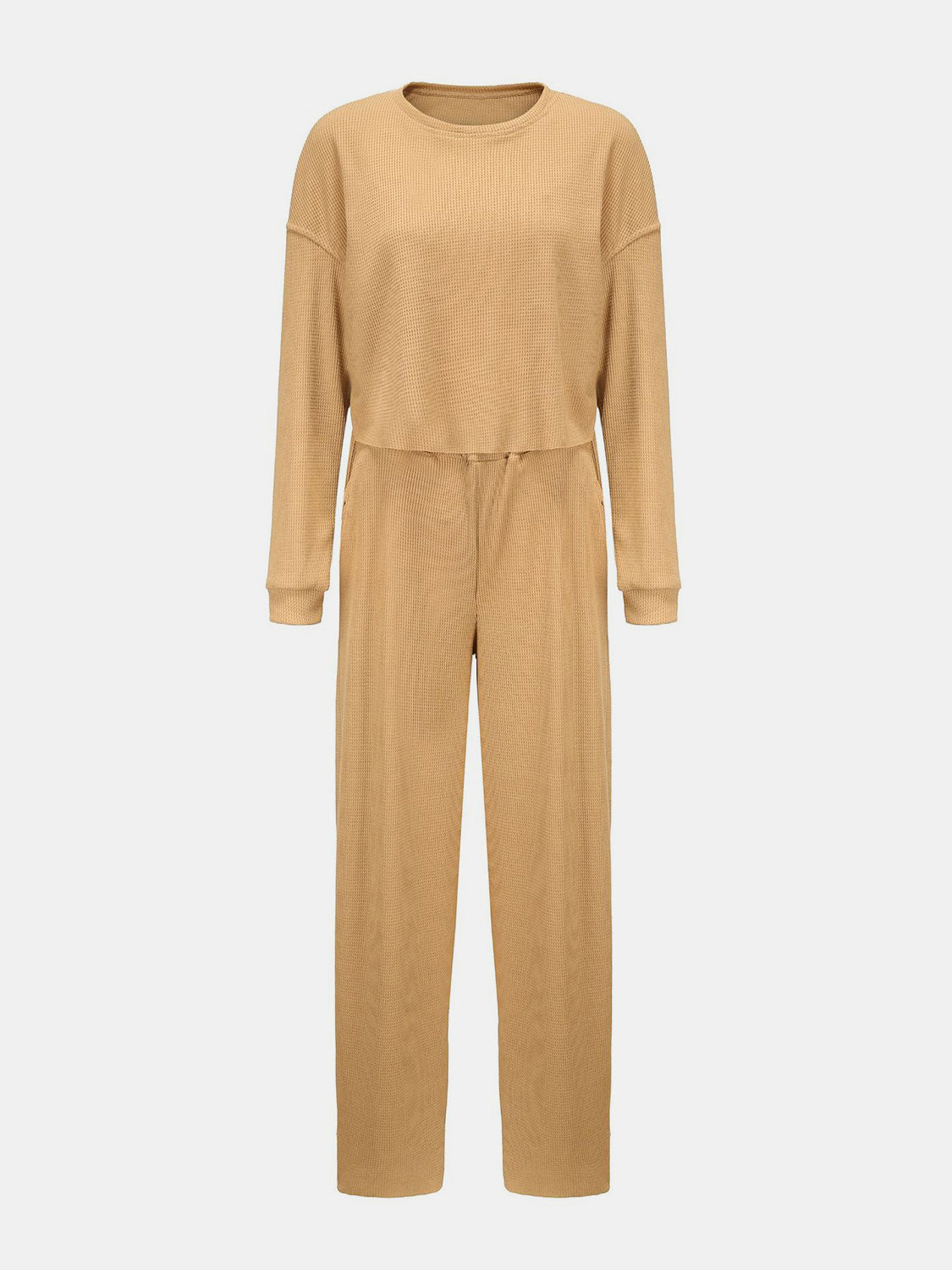 Waffle-Knit Round Neck Top and Pants Set Trandify deal