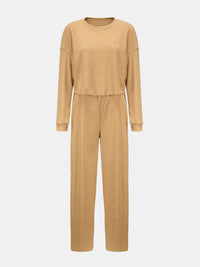 Waffle-Knit Round Neck Top and Pants Set Trandify deal