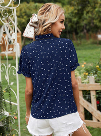 Heart Print Tie Neck Short Sleeve Blouse Trandify deal