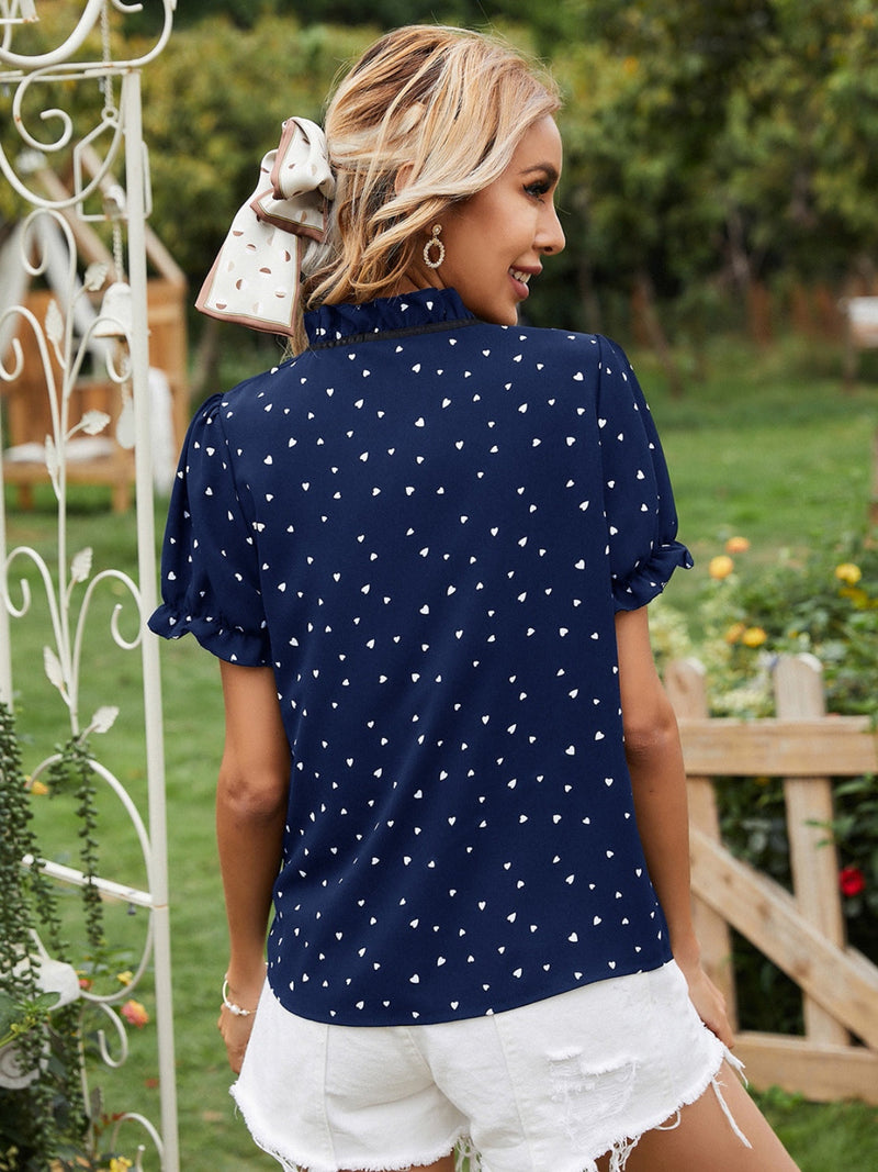 Heart Print Tie Neck Short Sleeve Blouse Trandify deal