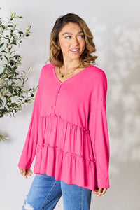 Double Take Half Button Long Sleeve Ruffle Hem Blouse Trandify Deal