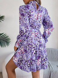 Printed Mock Neck Flounce Sleeve Mini Dress Trandify deal