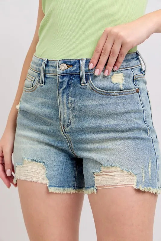Judy Blue Destroyed Denim Shorts in blue wash with high rise and fly stitch detail on the pockets