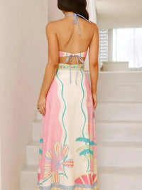 Halter Neck Tropical Print Maxi Dress for Women – Flowy Summer Beach Sundress with Side Slit