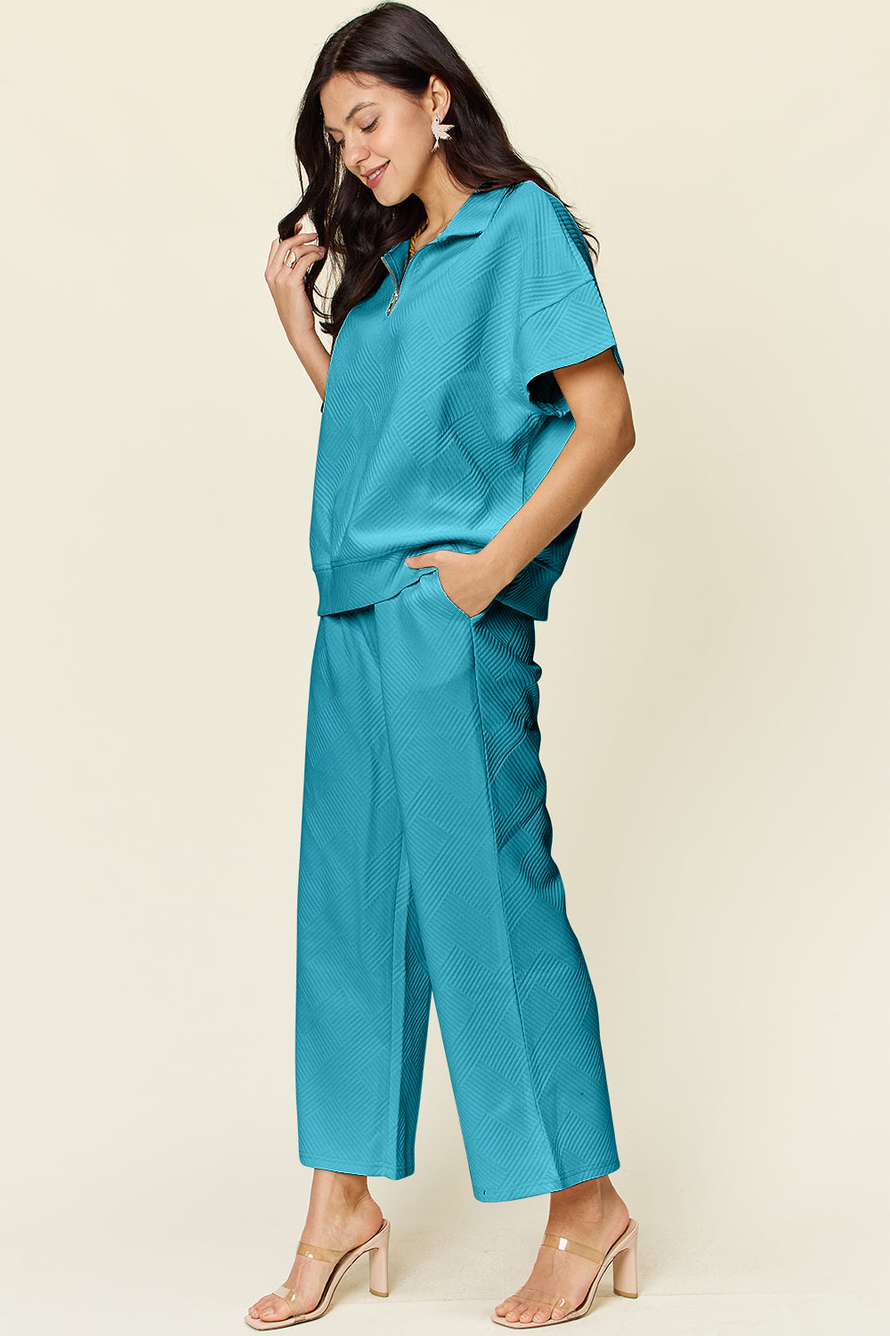 Double Take Full Size Texture Half Zip Short Sleeve Top and Pants Set Trandify Deal
