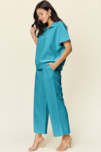 Double Take Full Size Texture Half Zip Short Sleeve Top and Pants Set Trandify Deal