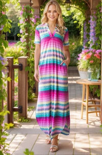 Heimish Plus Size Striped Maxi Dress for Women – Comfortable Short Sleeve Tee Dress – USA Fashion Trend