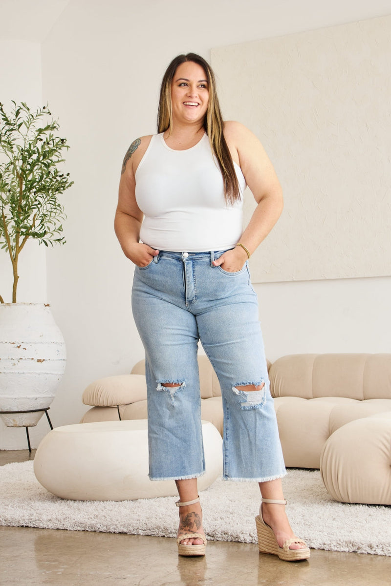 RFM Full Size Tummy Control High Waist Raw Hem Distressed Jeans Trandify deal