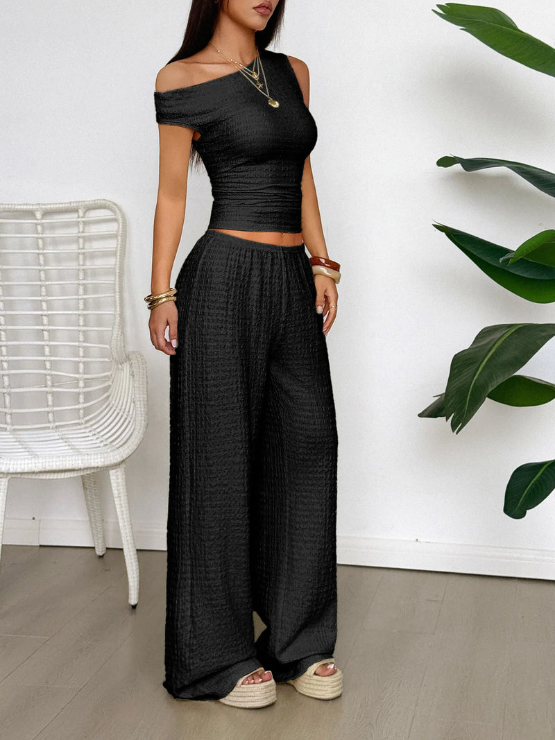 Women’s One Shoulder Top and Wide Leg Pants Set – Trendy Summer Outfit for Casual & Evening Wear