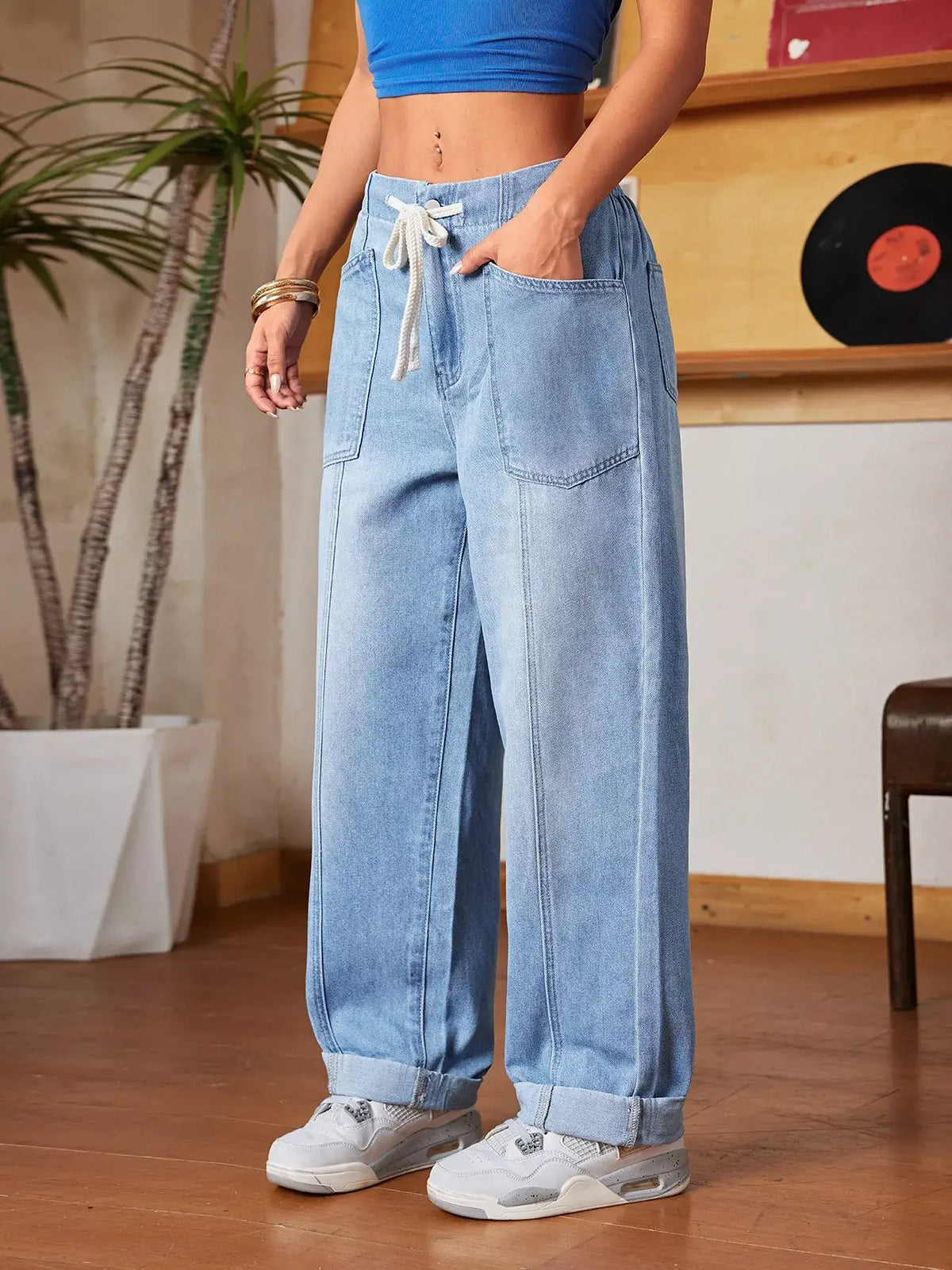 Women's Drawstring Wide Leg Jeans - No Stretch Casual Joggers