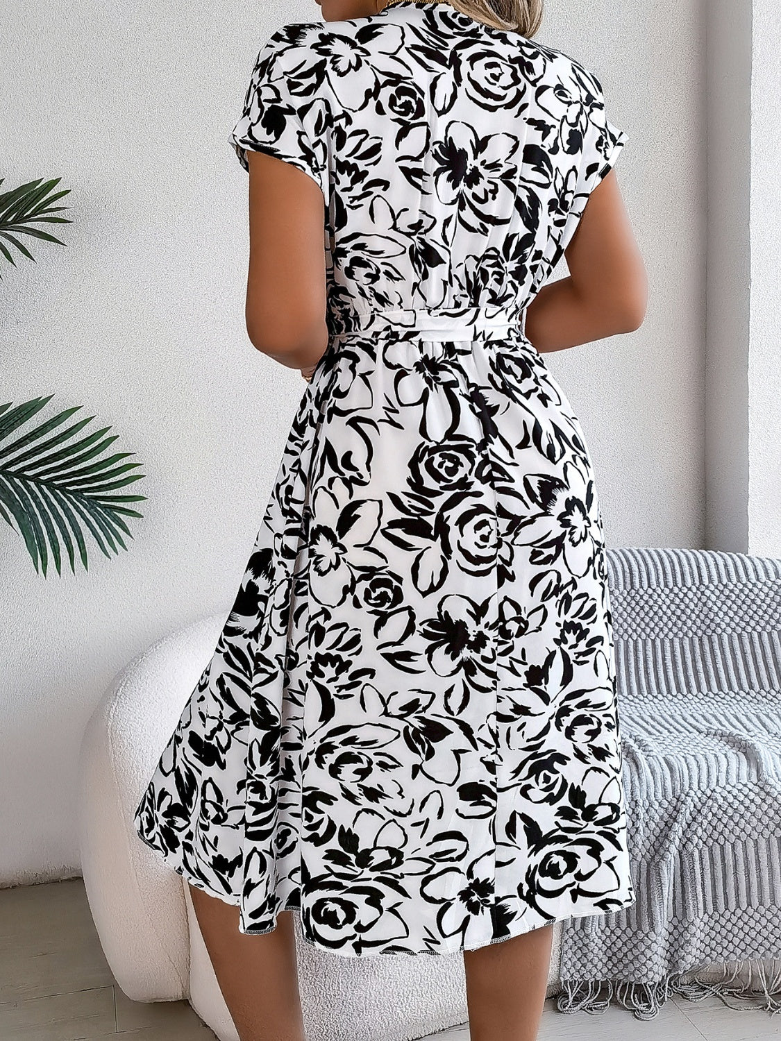 Printed V-Neck Short Sleeve Dress Trandify deal