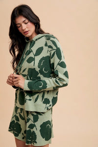 Annie Wear Flower Pattern Drawstring Hooded Top and Shorts Sweater Set Trandify Deal