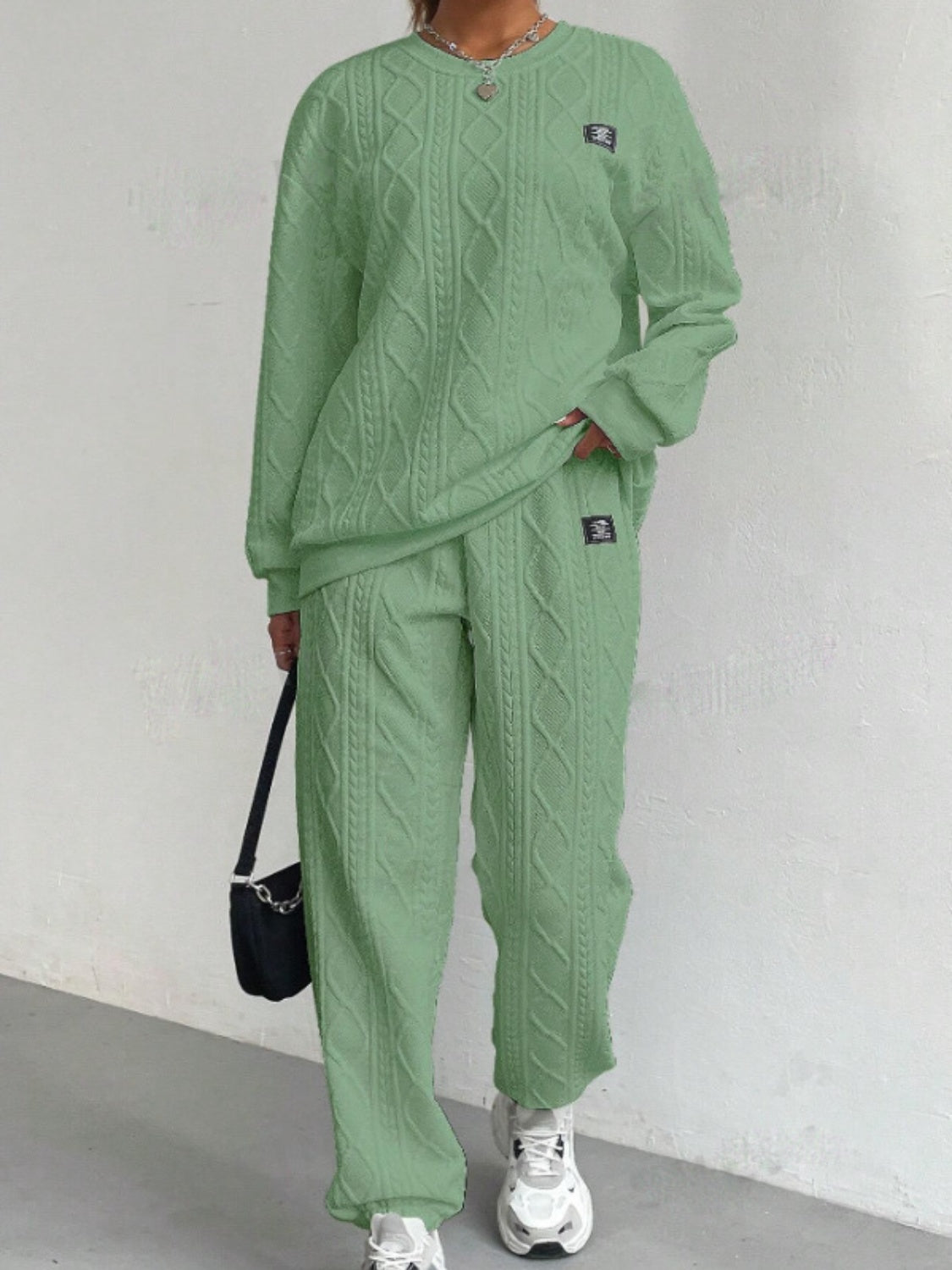 Texture Round Neck Long Sleeve Top and Pants Set Trandify Deal