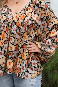 Plus Size Floral V-Neck Balloon Sleeve Blouse Trandify deal