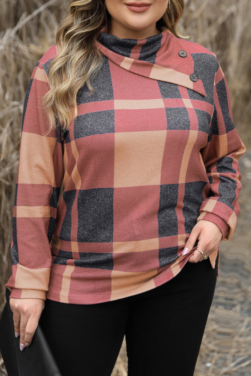 Plus Size Plaid Cowl Neck Long Sleeve Sweatshirt - Trandify Deal