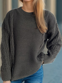 Cable-Knit Round Neck Long Sleeve Sweater Trandify Deal