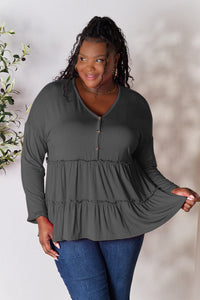 Double Take Half Button Long Sleeve Ruffle Hem Blouse Trandify Deal