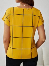 Women’s Plaid Contrast Notched Blouse – Trendy Fall Office & Casual Top