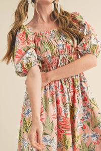 Floral Smocked Square Neck Puff Sleeve Midi Dress for Women – Summer Outfit USA