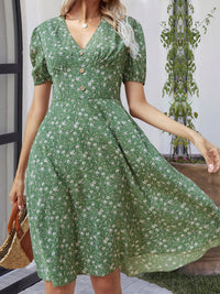 Printed V-Neck Short Sleeve Dress Trandify deal
