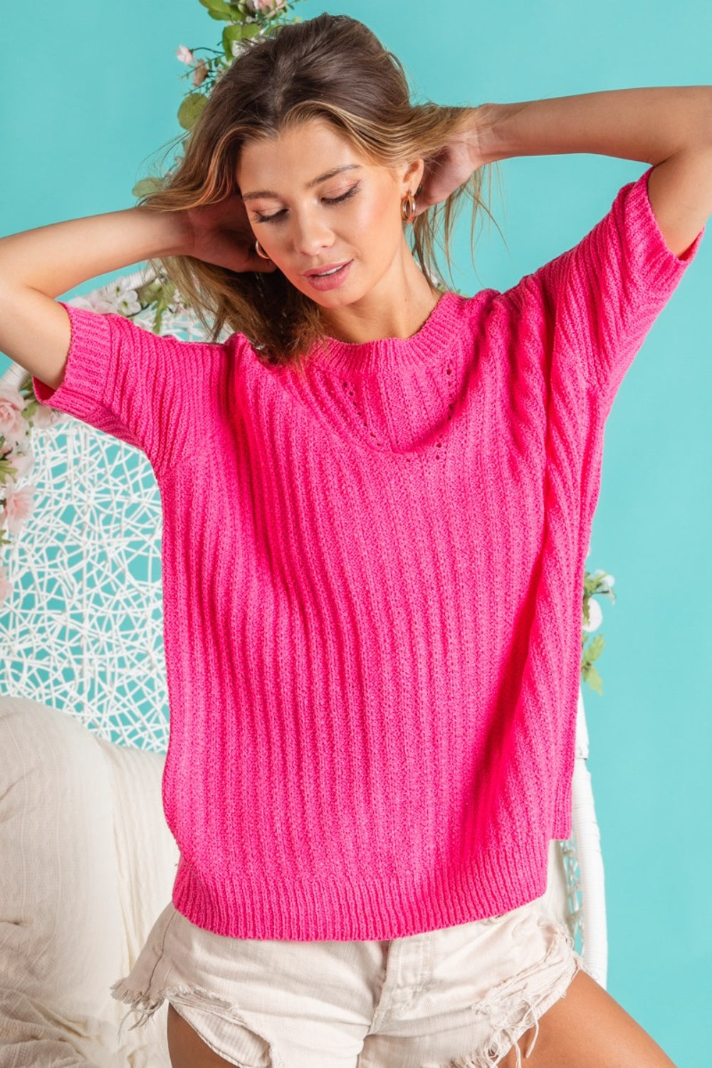 BiBi Texture Round Neck Short Sleeve Knit Top Trandify deal