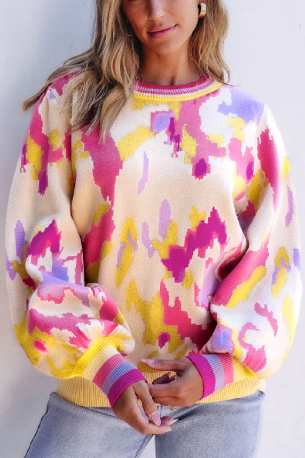 Contrast Round Neck Long Sleeve Sweater Trandify deal