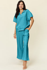 Double Take Full Size Texture Half Zip Short Sleeve Top and Pants Set Trandify Deal