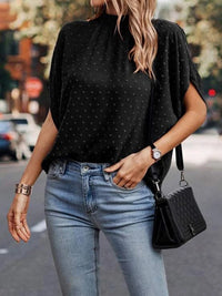 Swiss Dot Mock Neck Half Sleeve Blouse Trandify deal
